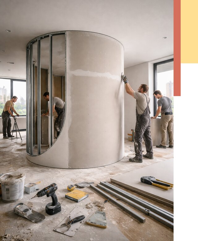 Радиусная перегородка из гипсокартона в юбилейном от 2988 руб. под ключ | ОТДЕЛОЧНИК-Юбл