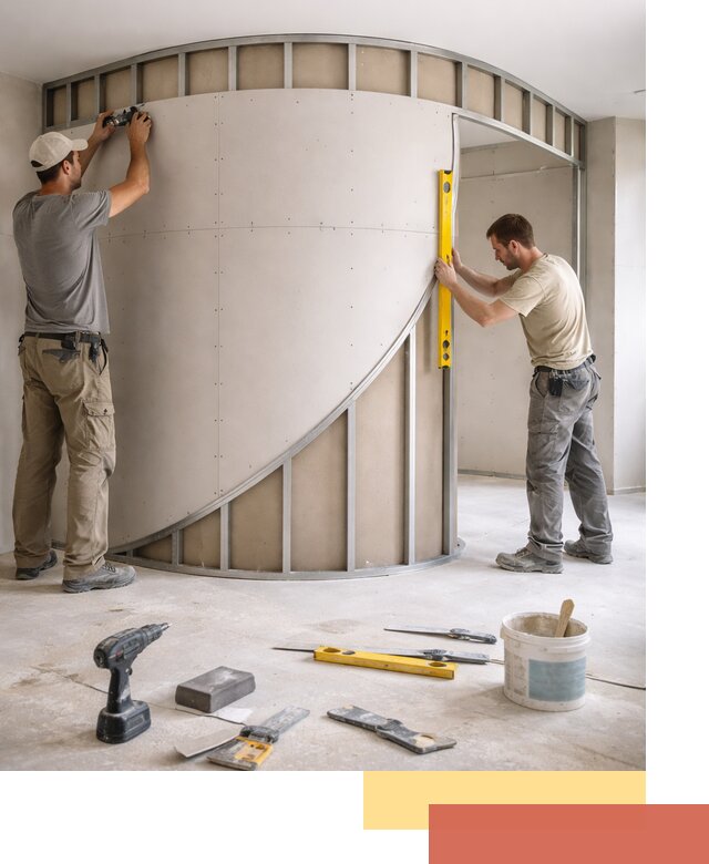 Радиусная перегородка из гипсокартона в юбилейном под ключ