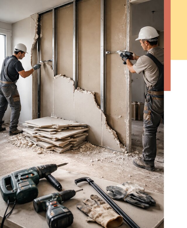 Демонтаж перегородки из гипсокартона в юбилейном от 1236 руб. быстро и недорого | ОТДЕЛОЧНИК-Юбл