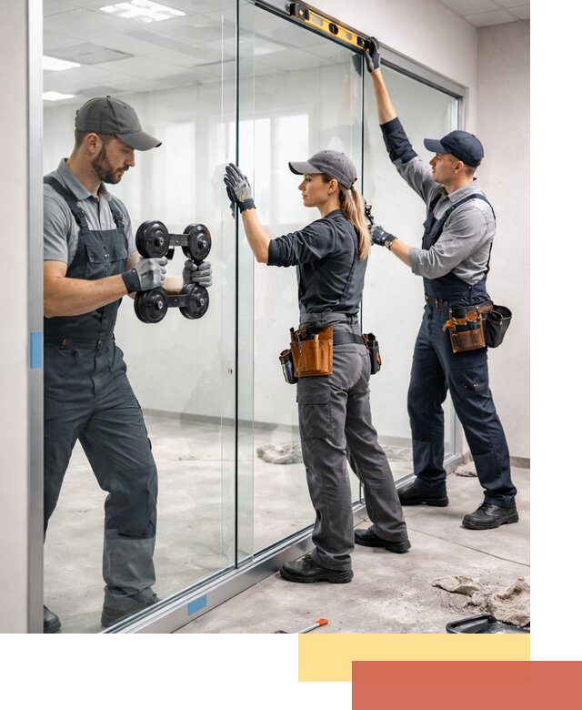 Профессиональный монтаж стеклянных перегородок в юбилейном