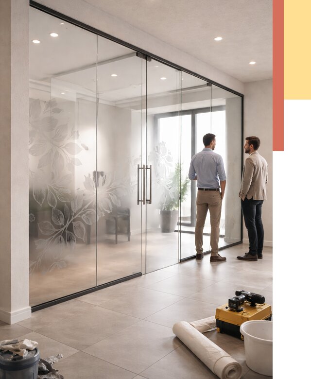 Стеклянные перегородки с рисунком в юбилейном от 12879 руб. монтаж и нанесение | ОТДЕЛОЧНИК-Юбл