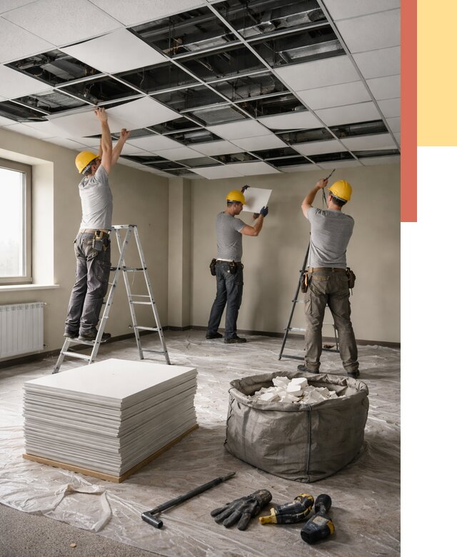 Демонтаж потолка Армстронг в юбилейном от 4636 руб. быстро и недорого | ОТДЕЛОЧНИК-Юбл