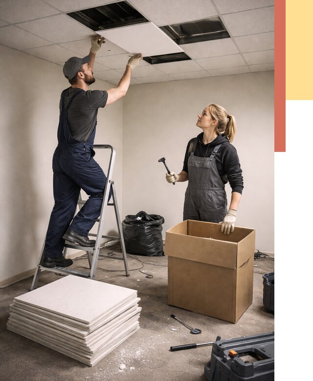 Демонтаж потолочной плитки в юбилейном от 4636 руб. быстро и недорого | ОТДЕЛОЧНИК-Юбл