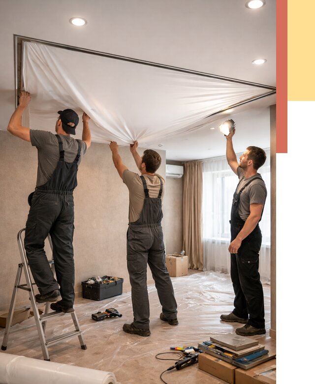 Монтаж ПВХ натяжного потолка в юбилейном от 3606 руб. под ключ | ОТДЕЛОЧНИК-Юбл