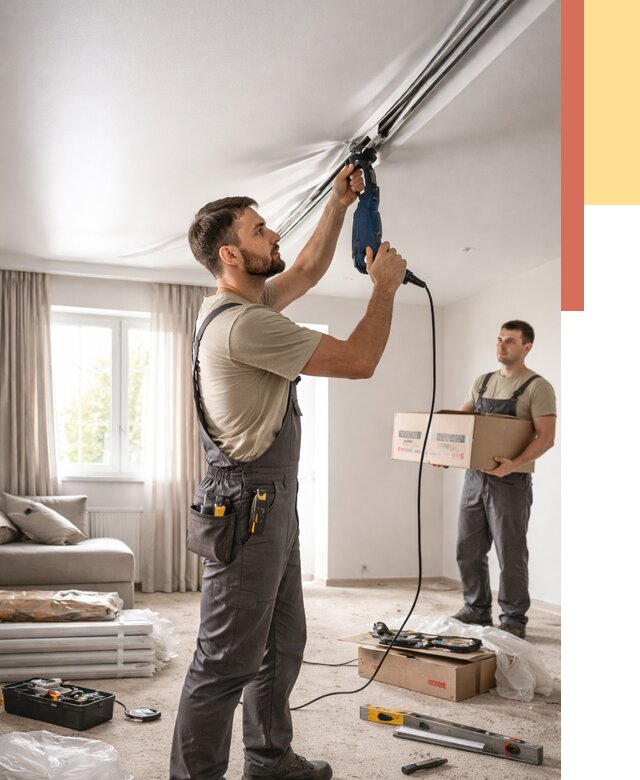 Монтаж сатинового натяжного потолка в юбилейном от 3606 руб. | Быстро, недорого — ОТДЕЛОЧНИК-Юбл