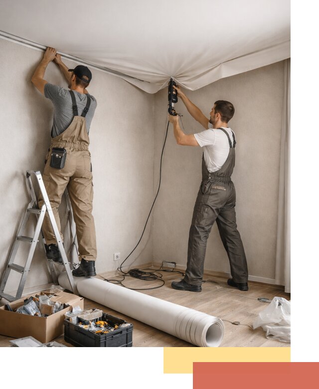 Монтаж цветного натяжного потолка в юбилейном за один день