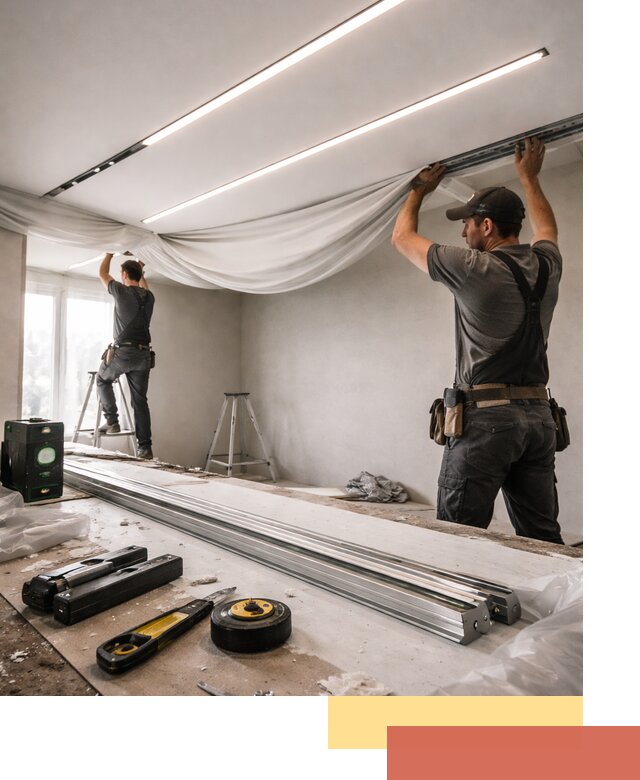 Монтаж натяжных потолков со световыми линиями в юбилейном