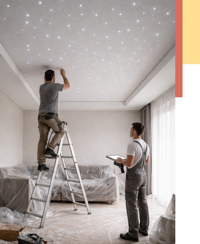 Монтаж натяжного потолка «звездное небо» в юбилейном от 6697 руб. | ОТДЕЛОЧНИК-Юбл