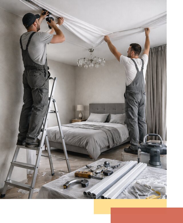 Монтаж натяжного потолка в спальне в юбилейном