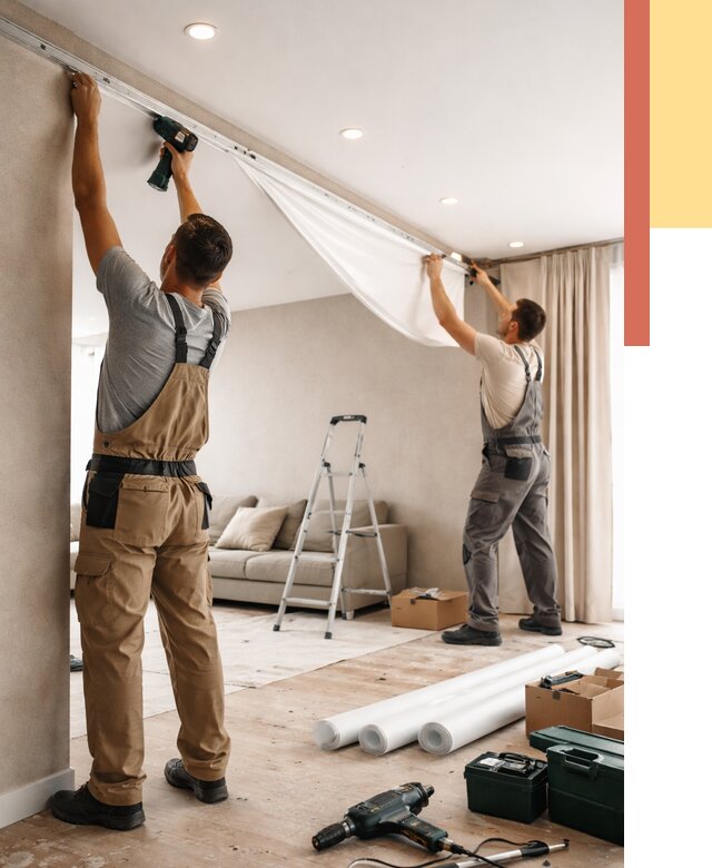 Монтаж натяжного потолка в гостиной в юбилейном от 567 руб. | ОТДЕЛОЧНИК-Юбл