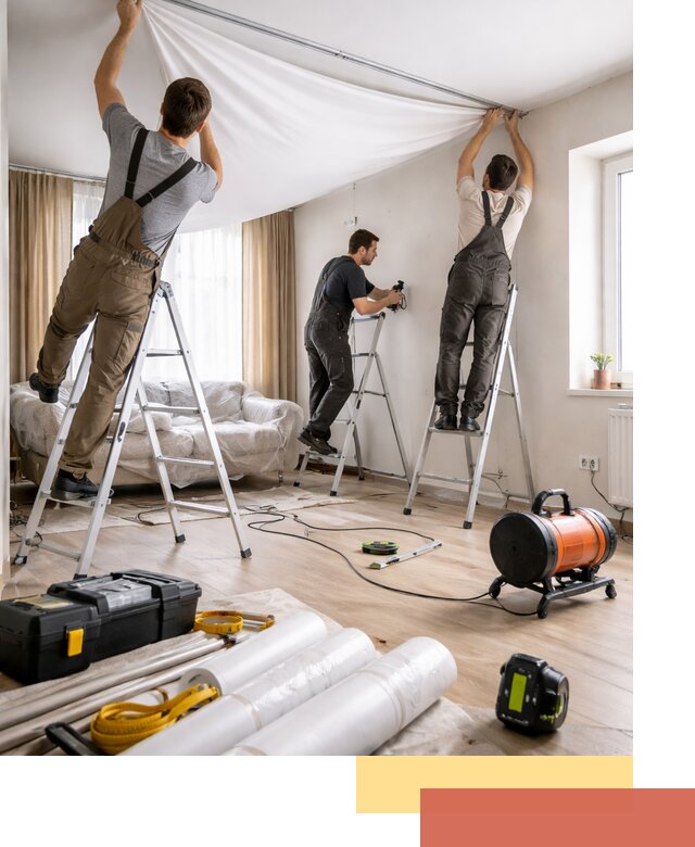 Монтаж натяжного потолка в гостиной в юбилейном