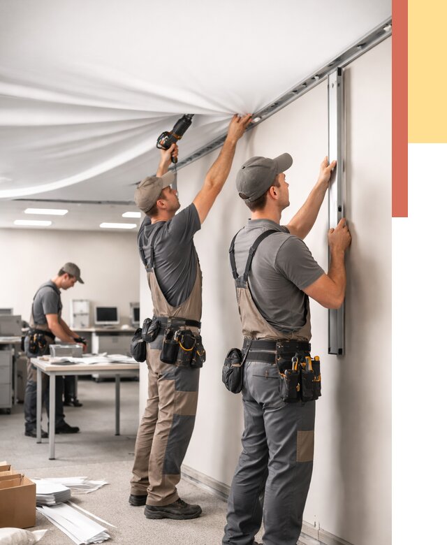 Монтаж натяжного потолка в офисе в юбилейном от 464 руб/м² — быстро и недорого | ОТДЕЛОЧНИК-Юбл