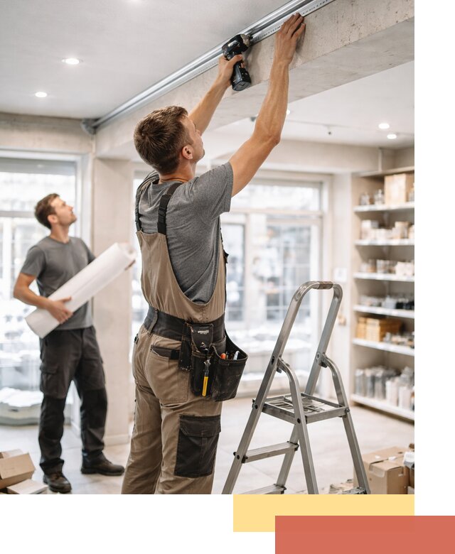 Монтаж натяжных потолков в магазине в юбилейном