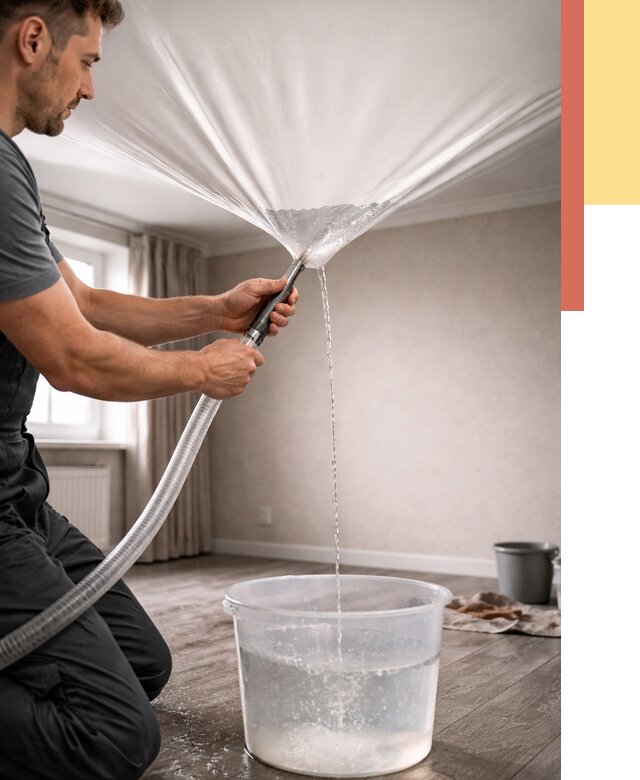 Слив воды с натяжного потолка в юбилейном от 2576 руб. быстро и недорого | ОТДЕЛОЧНИК-Юбл