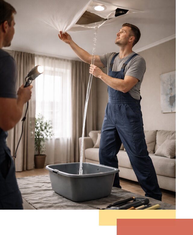 Слив воды с натяжного потолка в юбилейном быстро и аккуратно