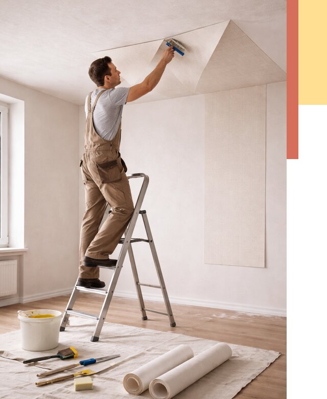 Поклейка обоев на потолок в юбилейном от 4636 руб. быстро и недорого | ОТДЕЛОЧНИК-Юбл