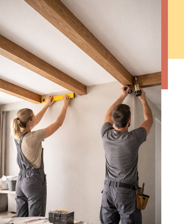 Монтаж декоративных балок на потолок в юбилейном от 4327 руб. — ОТДЕЛОЧНИК-Юбл